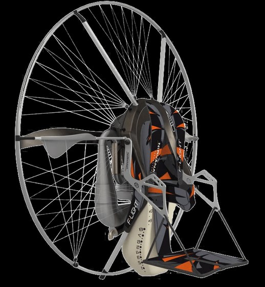 Nirvana F-light 160 paramotor, rear view showing the harness and frame