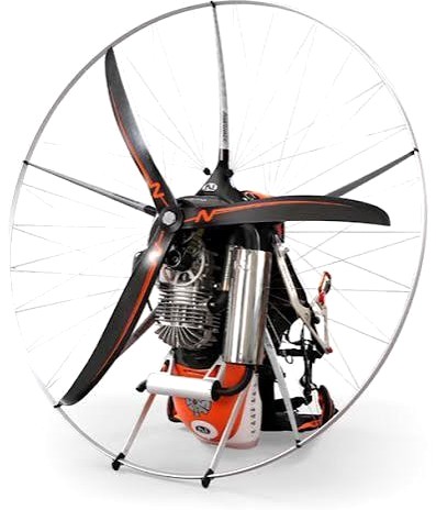 Nirvana Instinct HL paramotor, front view with a four-blade carbon propeller and silver cage