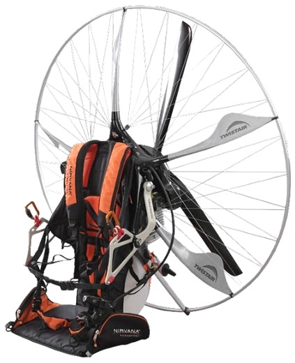 Nirvana Instinct HL paramotor, rear view with orange harness