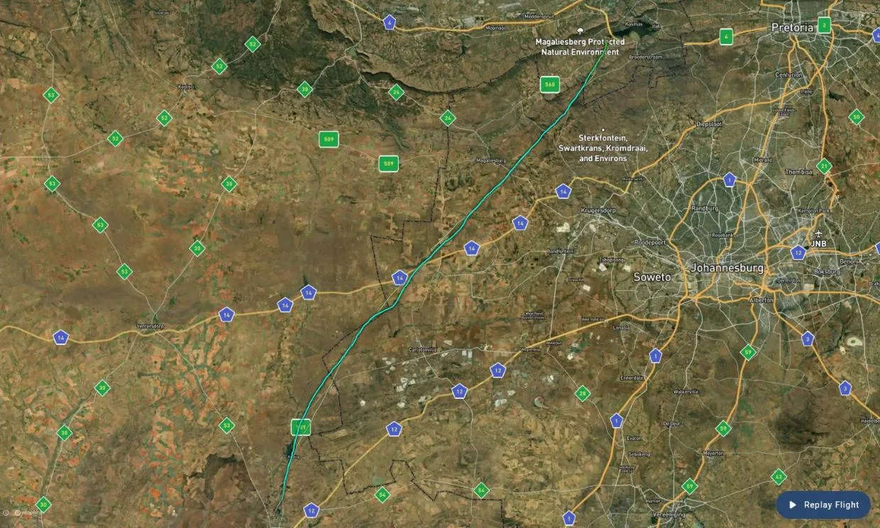 Gaggle satellite map of the first flight on Day 1, a track running south-west from Hartbeespoort Dam towards Potchefstroom