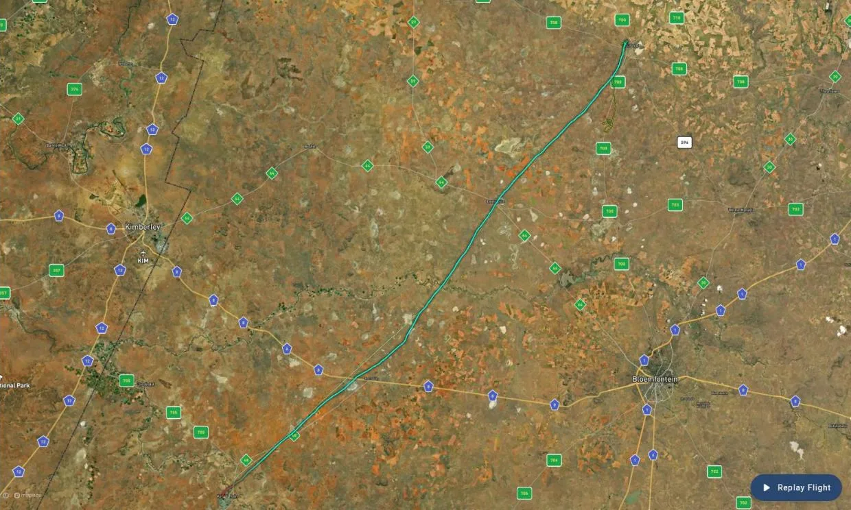 Gaggle satellite map of the first flight on Day 2, a nearly straight track running south-west from Bultfontein past Kimberley to Koffiefontein