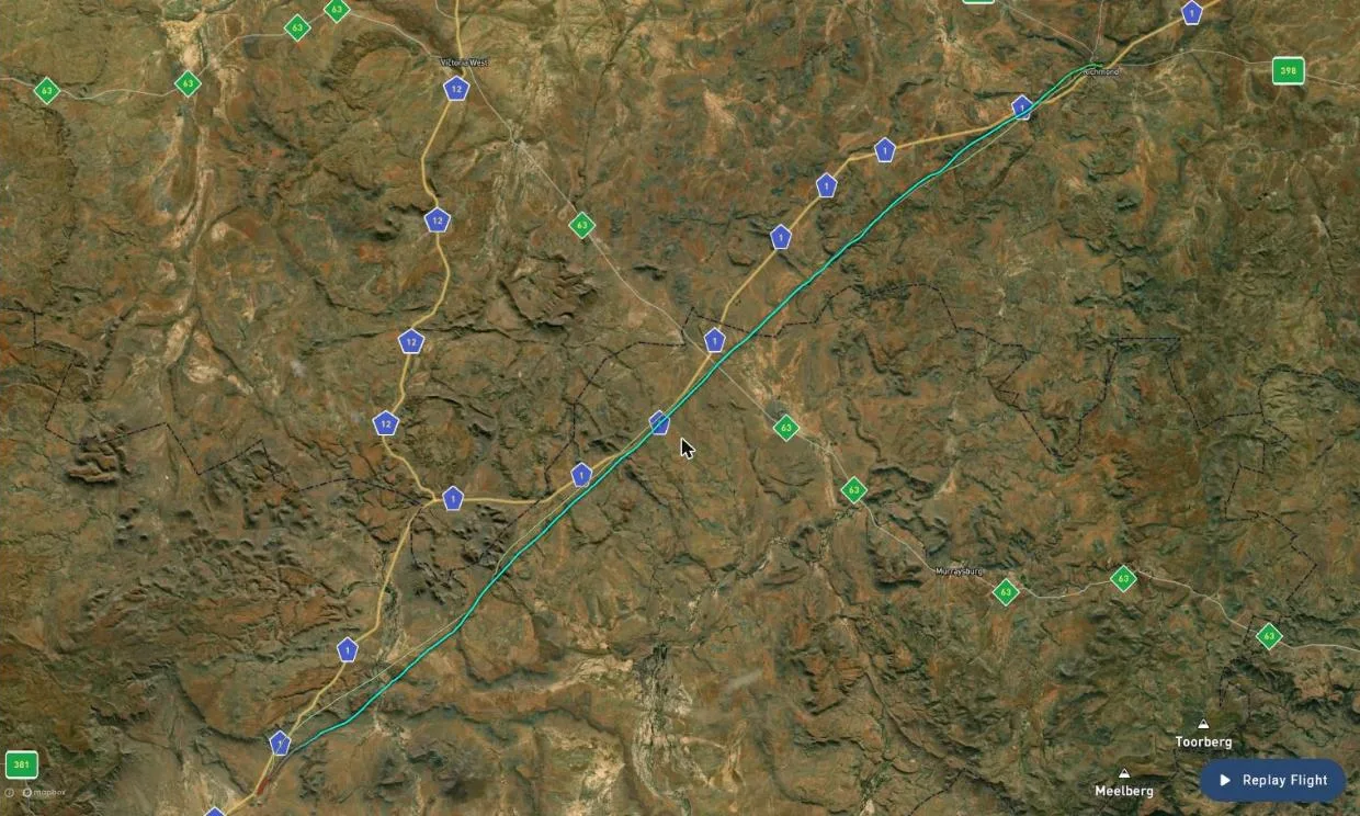Gaggle satellite map of the first flight on Day 3, a straight track running south-west from Richmond across rough Karoo hills