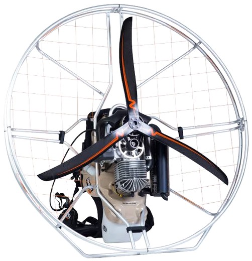 Nirvana Ranger 230 paramotor, front view with a three-blade carbon propeller, silver cage and orange net