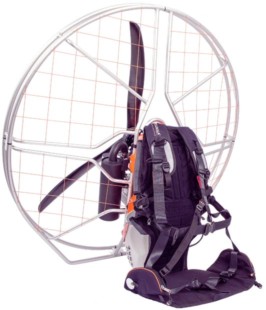 Nirvana Rodeo Blue Line paramotor, rear view with harness