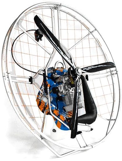 Nirvana Rodeo Blue Line paramotor, three-quarter front view with blue and orange engine and a silver cage